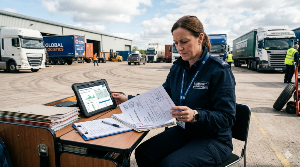 Transport operator reviewing licensing documents during a vehicle compliance investigation involving licensing penalties.