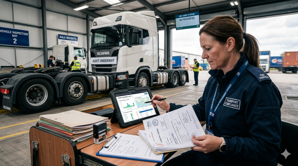 Vehicle licensing enforcement scene featuring transport compliance checks, operator paperwork, and regulatory review.