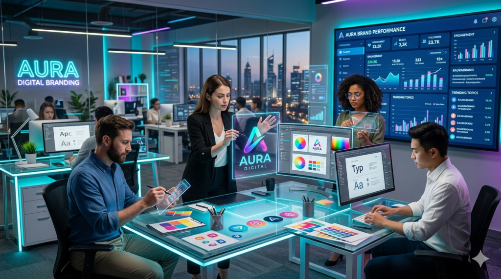 Futuristic illustration of Cabrando showing AI, digital identity, and creative communication