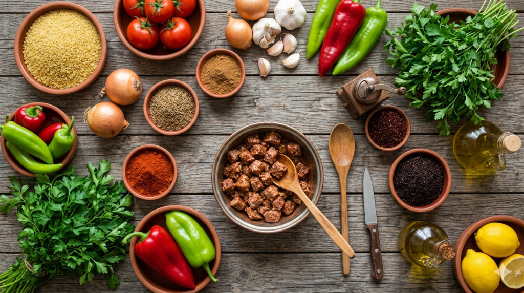 Authentic Cevurı recipe ingredients including wheat, tomatoes, onions, peppers, garlic, and traditional Turkish seasonings