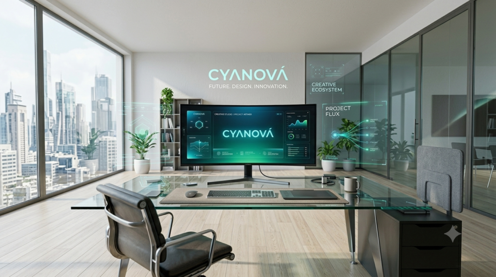 Modern Cyanová-inspired workspace with blue-green color scheme, creative branding, and clean digital interface.