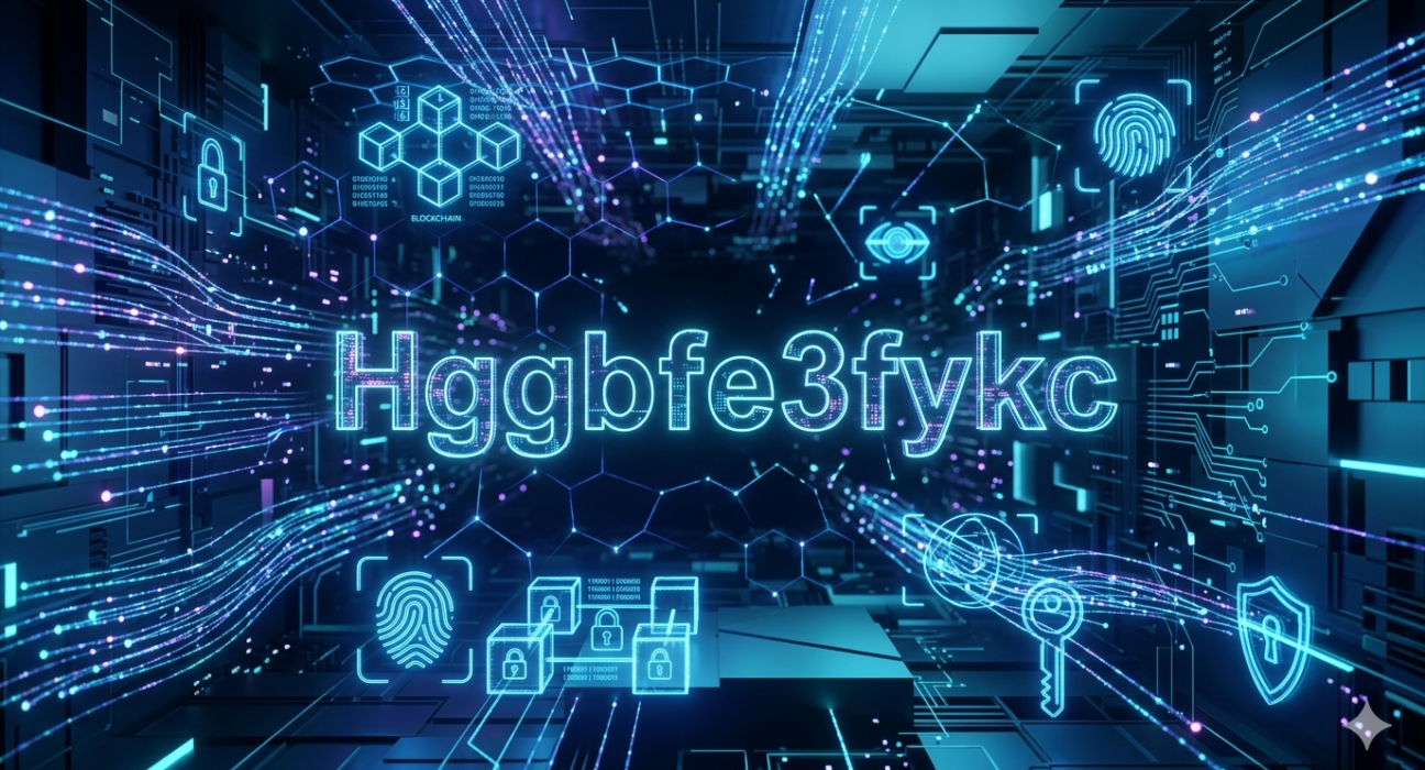 Hggbfe3fykc digital identifier displayed within an AI-powered cybersecurity network and futuristic data management system.