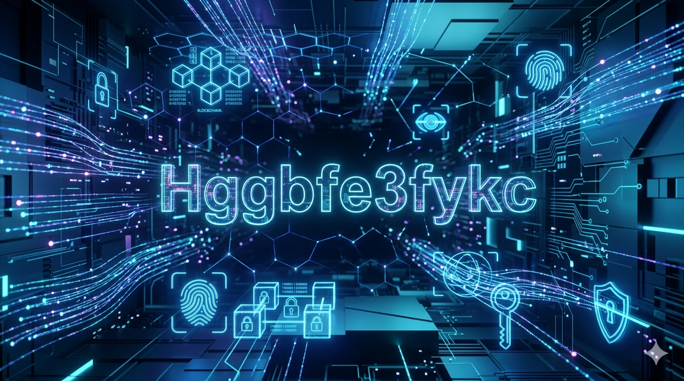 Hggbfe3fykc digital identifier displayed within an AI-powered cybersecurity network and futuristic data management system.