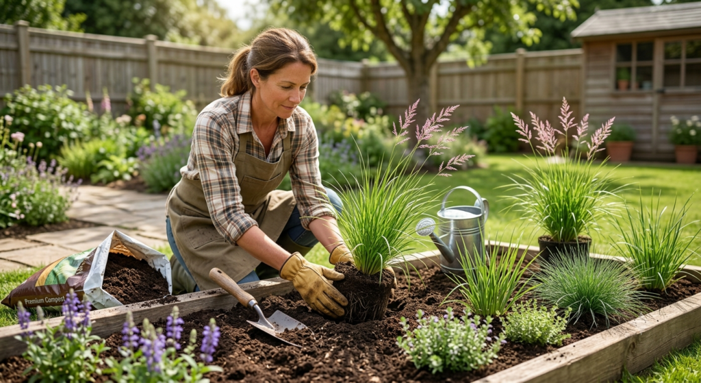 Lyposingrass plant with long green leaves growing beside a garden pathway in a modern landscape design.