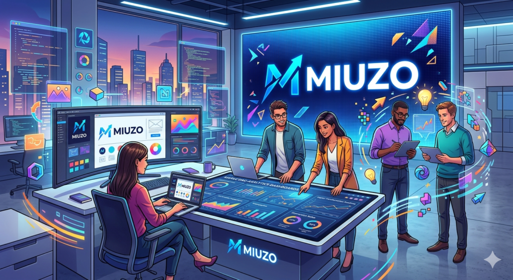 Futuristic Miuzo branding illustration showing digital transformation, AI technology, and online engagement.