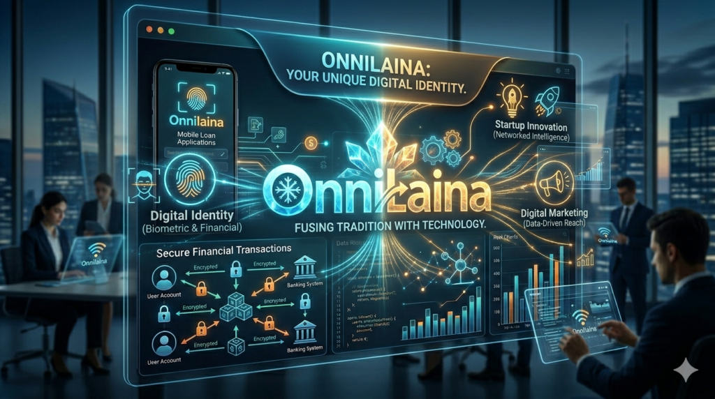 Modern visualization of Onnilaina representing fintech innovation, digital identity, and online financial services.
