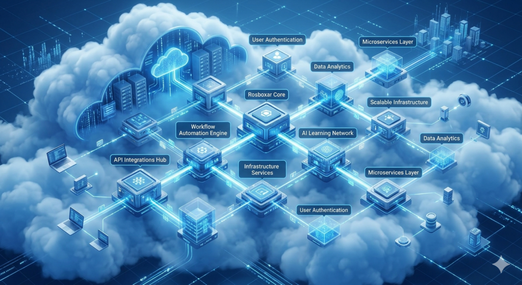 Business professionals using Rosboxar platform for digital workflow management and team collaboration