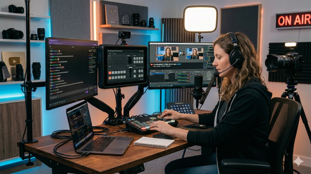 Professional live streaming setup featuring a video switcher, camera monitor, laptop dashboard, and digital content creator workspace.