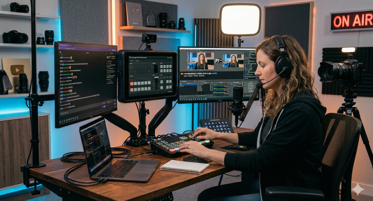 Professional live streaming setup featuring a video switcher, camera monitor, laptop dashboard, and digital content creator workspace.