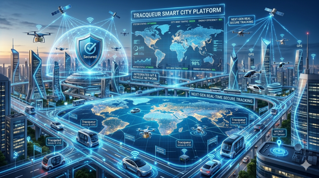 Tracqueur tracking technology featuring smartphone navigation, vehicle monitoring, and security protection tools.