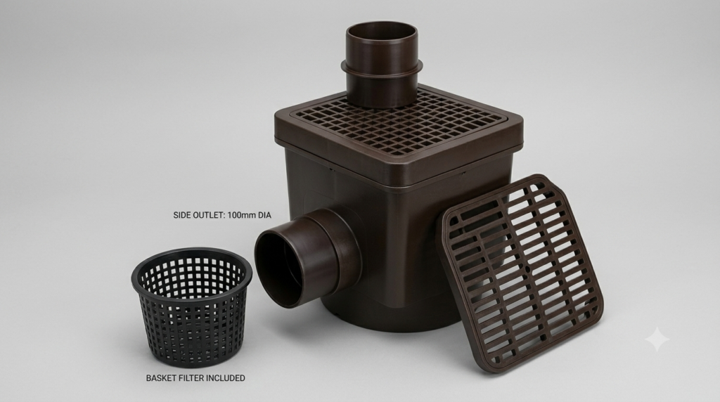 gajgry rainwater catch basin with grating cover, basket filter and 100mm side outlet designed for efficient outdoor drainage and debris control
