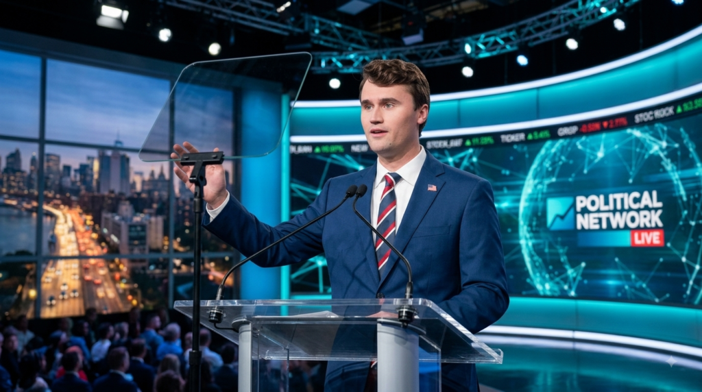 Charlie Kirk Net Worth speaks at a Political Network Live podium.