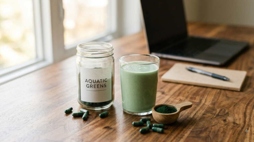 Jar of aquatic greens next to a glass of green smoothie