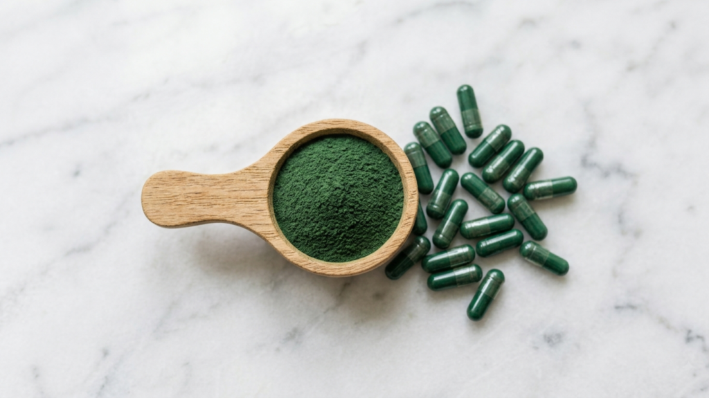 Loose spirulina-chlorella capsules next to a scoop of powder