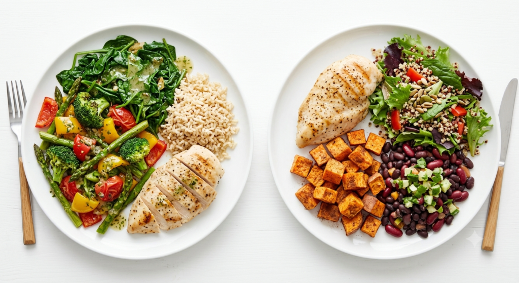 Balanced meal concept with vegetables, grains, and protein