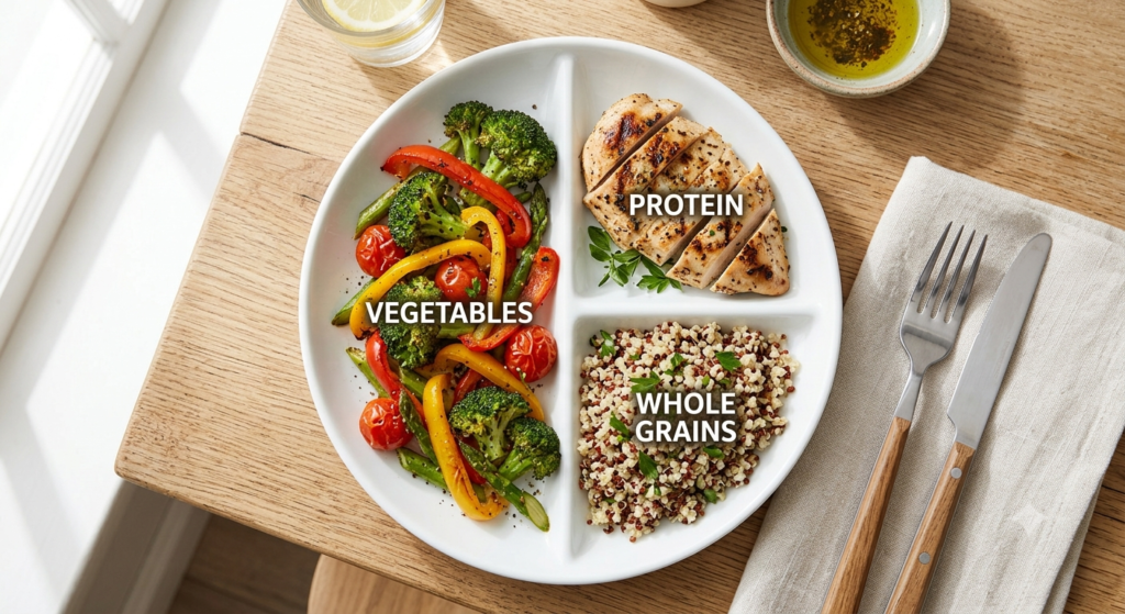 Balanced diet plate showing healthy meal portion categories