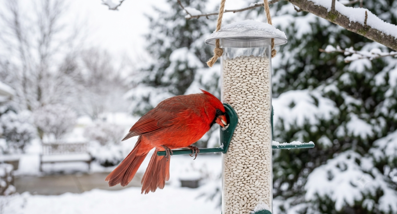 Northern Cardinal eating white safflower bird seed from tube feeder in winter