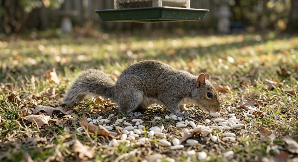Grey squirrel testing dropped safflower bird seeds on backyard lawn