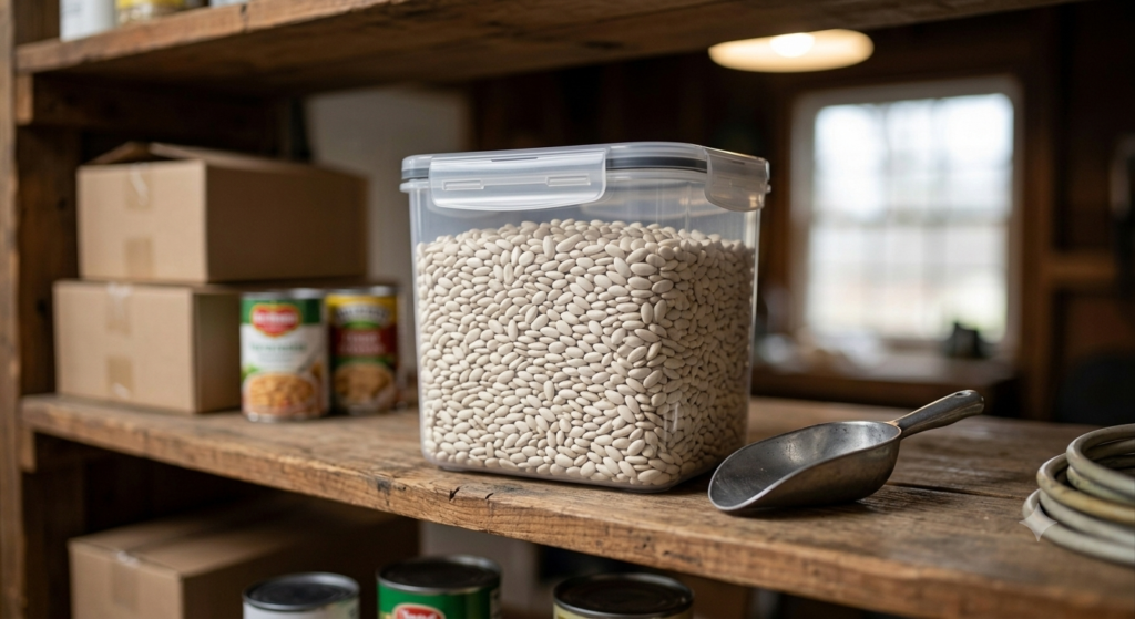 Airtight plastic storage container filled with safflower seed on shelf