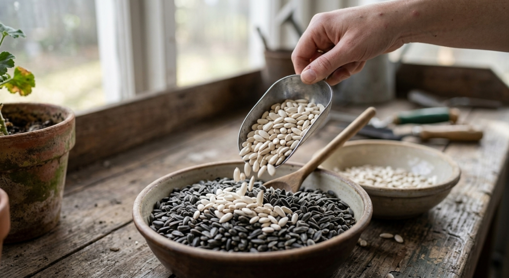 Mixing white safflower seeds with black oil sunflower seeds in bowl