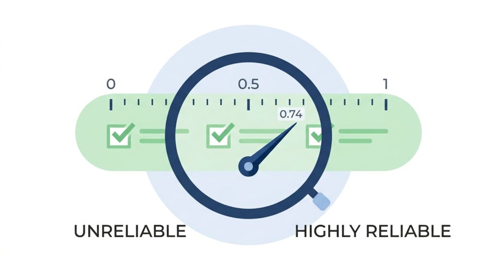 Reliability scale showing a BPD test score of 0.74 between unreliable and highly reliable