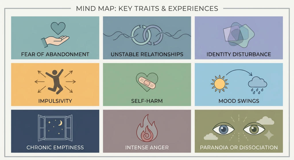 Infographic listing the nine DSM-5 diagnostic criteria for borderline personality disorder