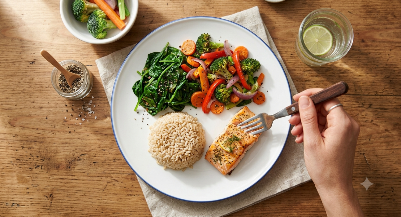 Balanced plate with protein, grains, fruits and vegetables