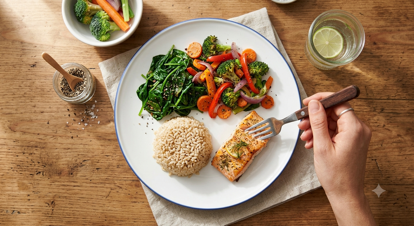Balanced plate with protein, grains, fruits and vegetables