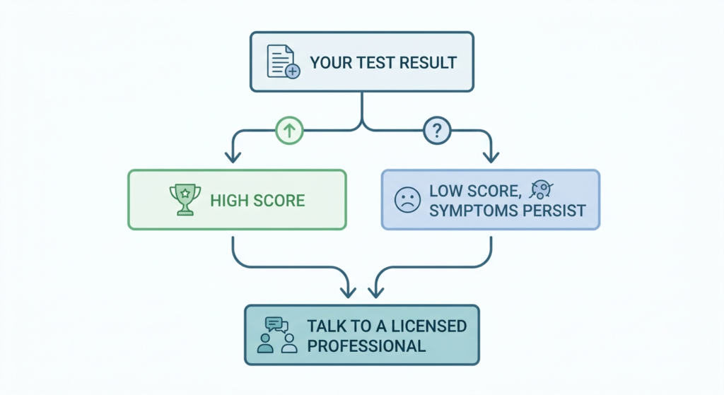 Flowchart showing next steps after a high or low BPD test score