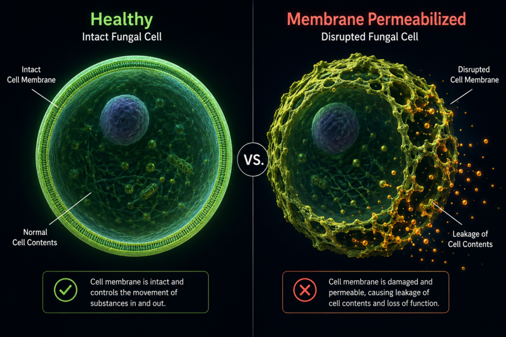 Illustration comparing a healthy fungal cell membrane to one damaged by permeabilization