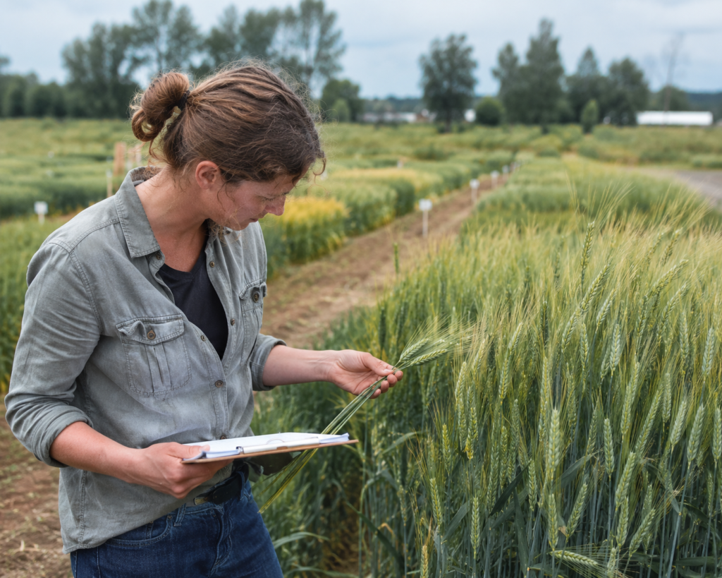 Researcher examining cereal crop samples as part of disease-resistance research