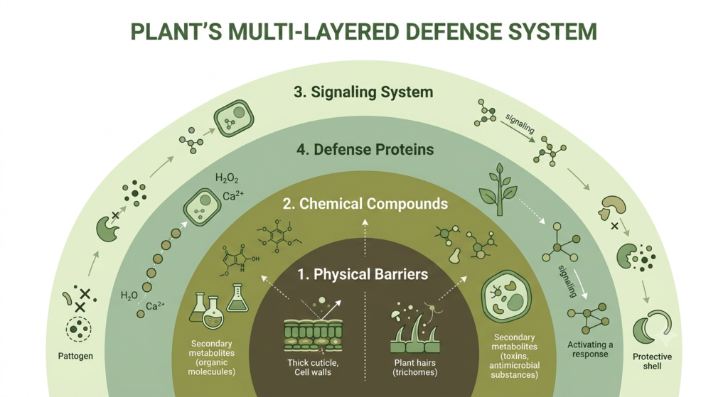 Diagram of a plant's natural defense layers including defense proteins like permatin