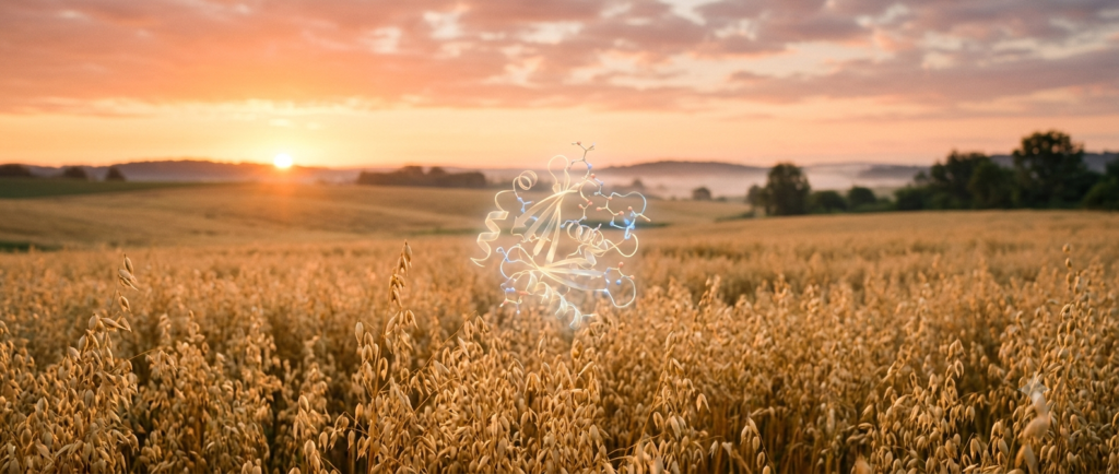 Oat field with a molecular protein structure overlay representing permatin