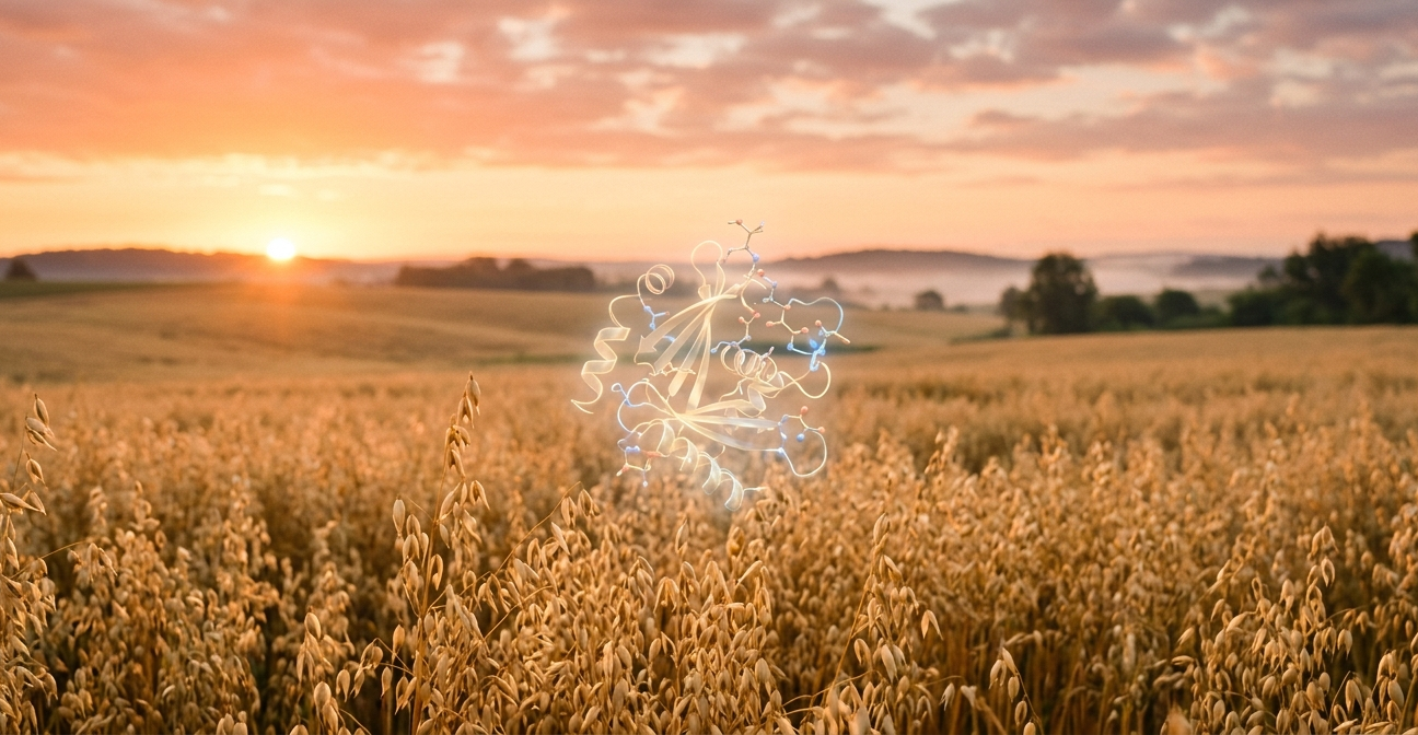 Oat field with a molecular protein structure overlay representing permatin