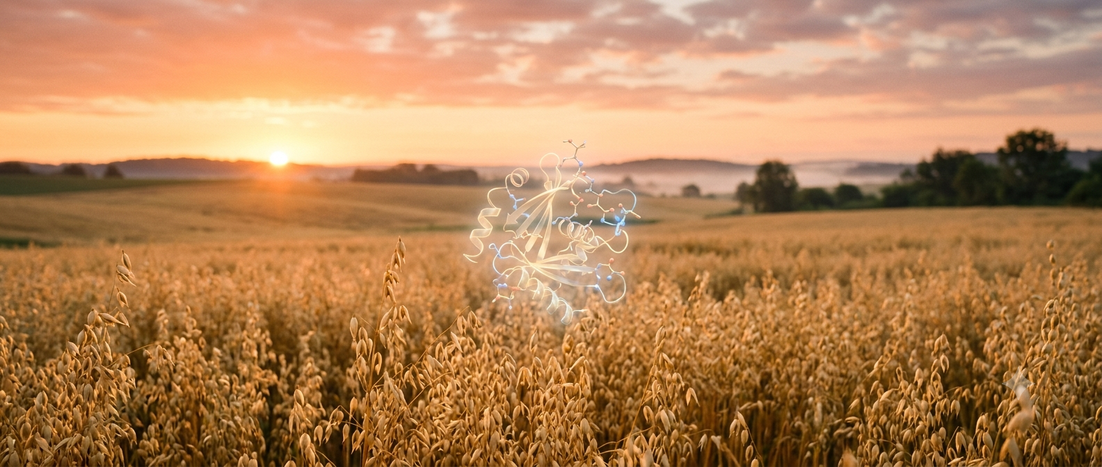 Oat field with a molecular protein structure overlay representing permatin
