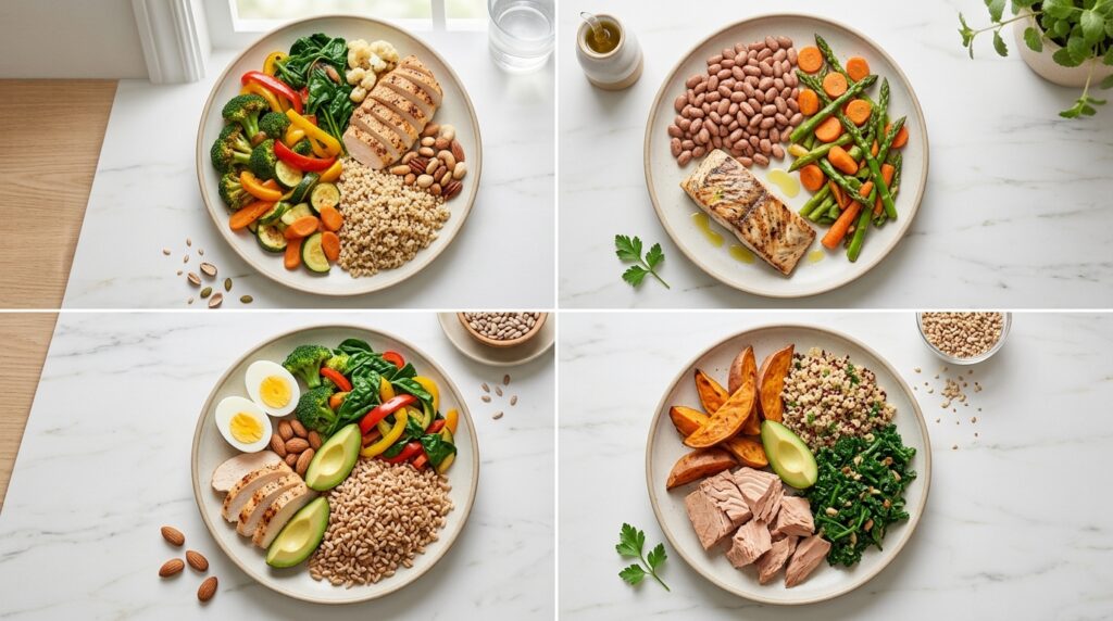 Four balanced plates adjusted for weight management, blood sugar, muscle building, and long desk sessions