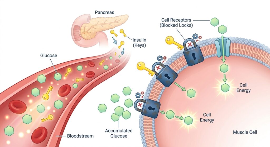 Medical illustration showing insulin resistance and glucose unable to enter cells
