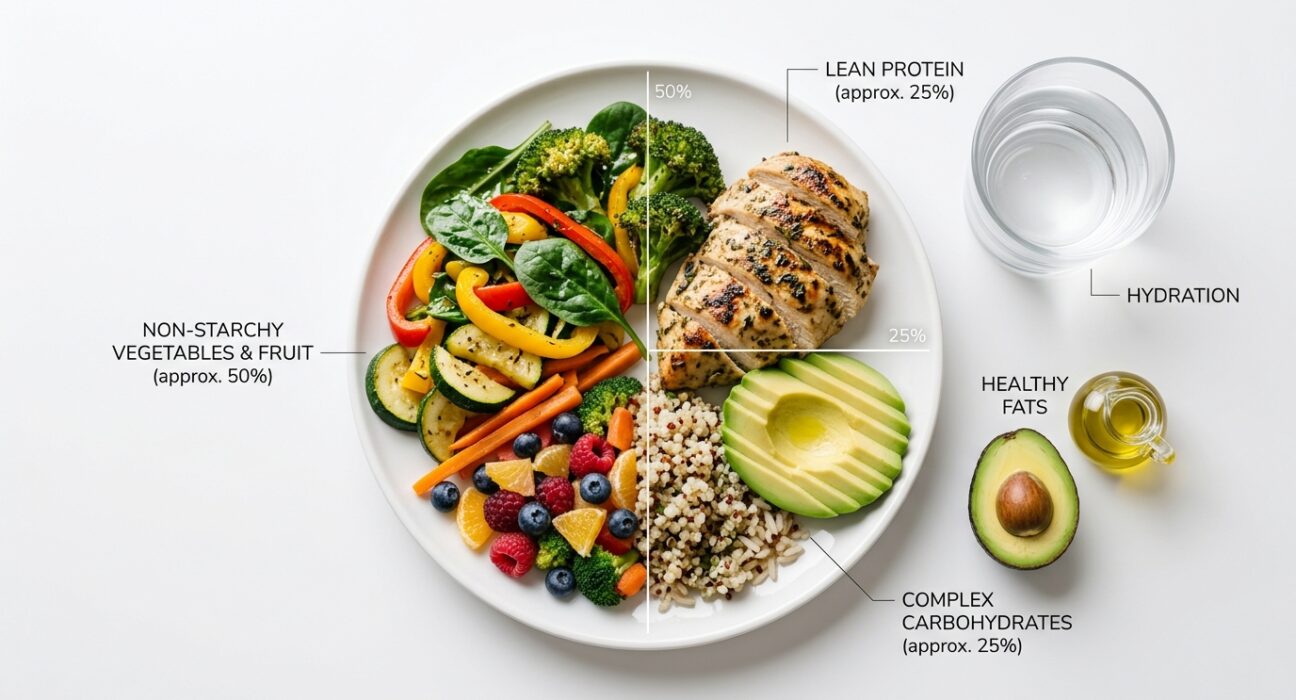 Balanced plate showing half vegetables, one quarter protein, and one quarter complex carbs