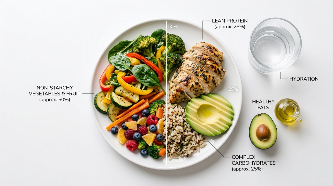 Balanced plate showing half vegetables, one quarter protein, and one quarter complex carbs