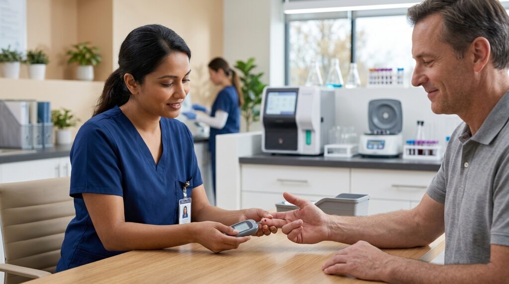 Healthcare professional checking a patient's blood glucose with a glucose meter