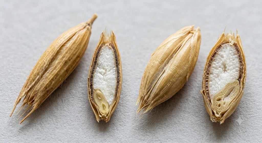 Oat and barley seeds shown with a cross-section highlighting seed tissue layers