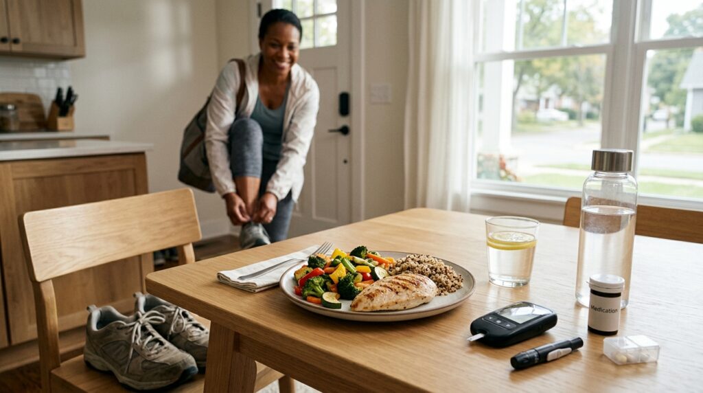 Balanced meal, glucose meter, walking shoes, and medication representing T2D management