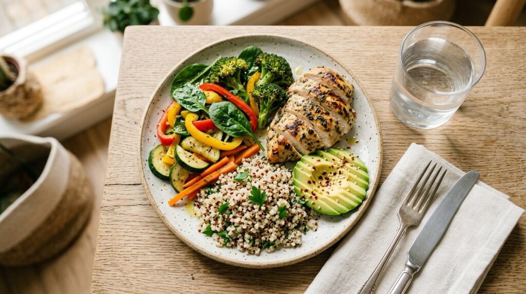 Balanced plate with grilled chicken, quinoa, vegetables, avocado, and water