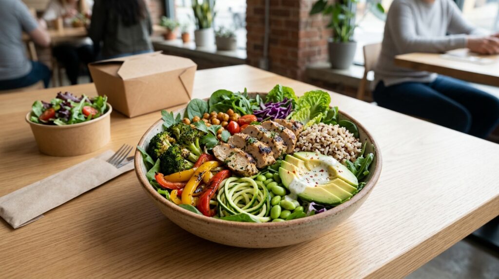 Balanced restaurant bowl with greens, grilled chicken, quinoa, vegetables, and avocado