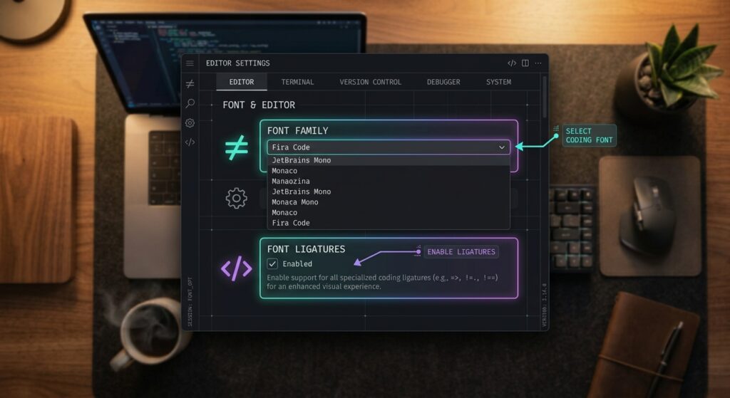 Steps to set one of the best coding fonts in a code editor's settings menu
