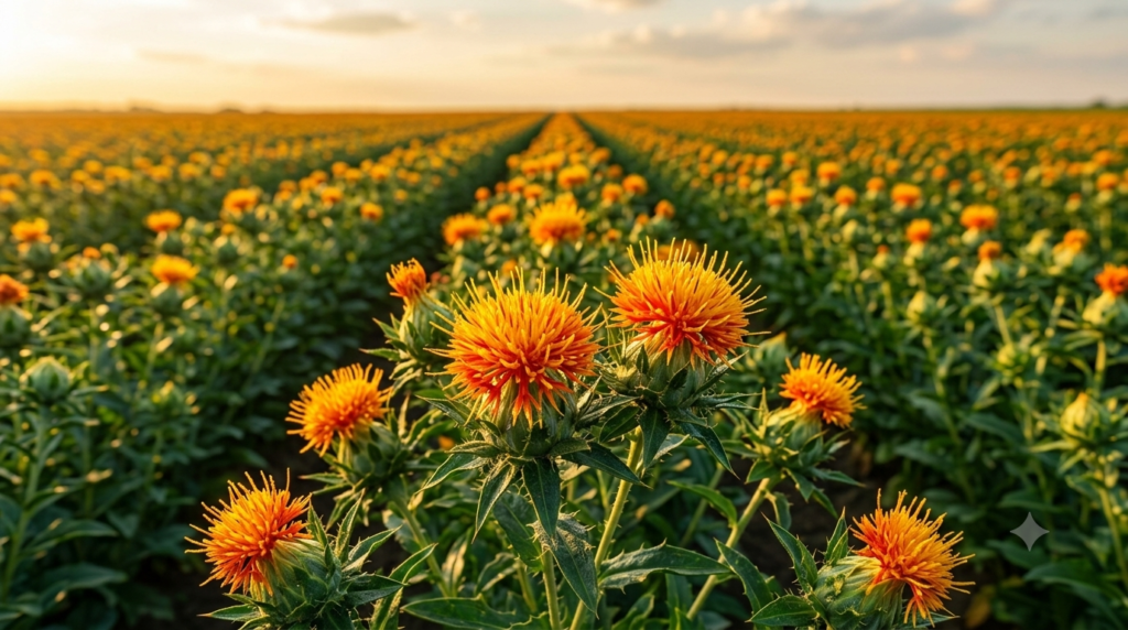 Carthamus tinctorius safflower crop field with blooming orange flowers