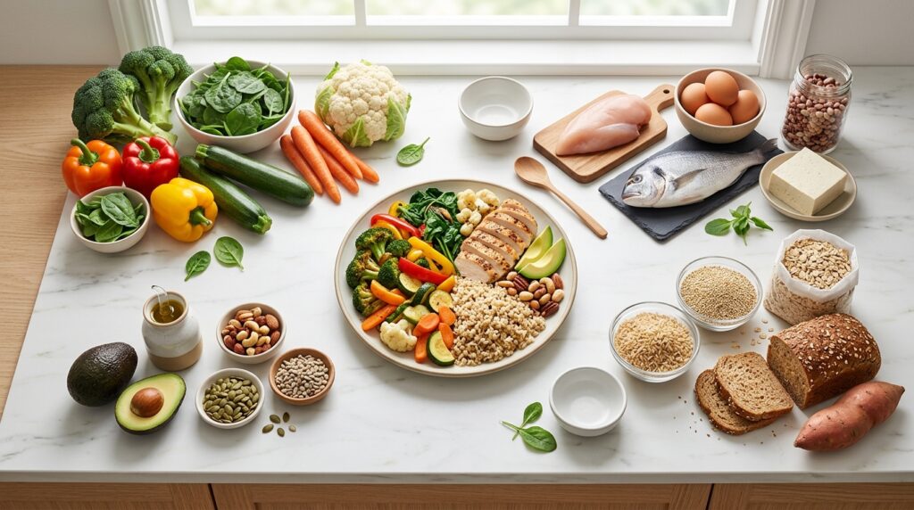 Ingredients for building a balanced plate including vegetables, chicken, quinoa, avocado, and nuts