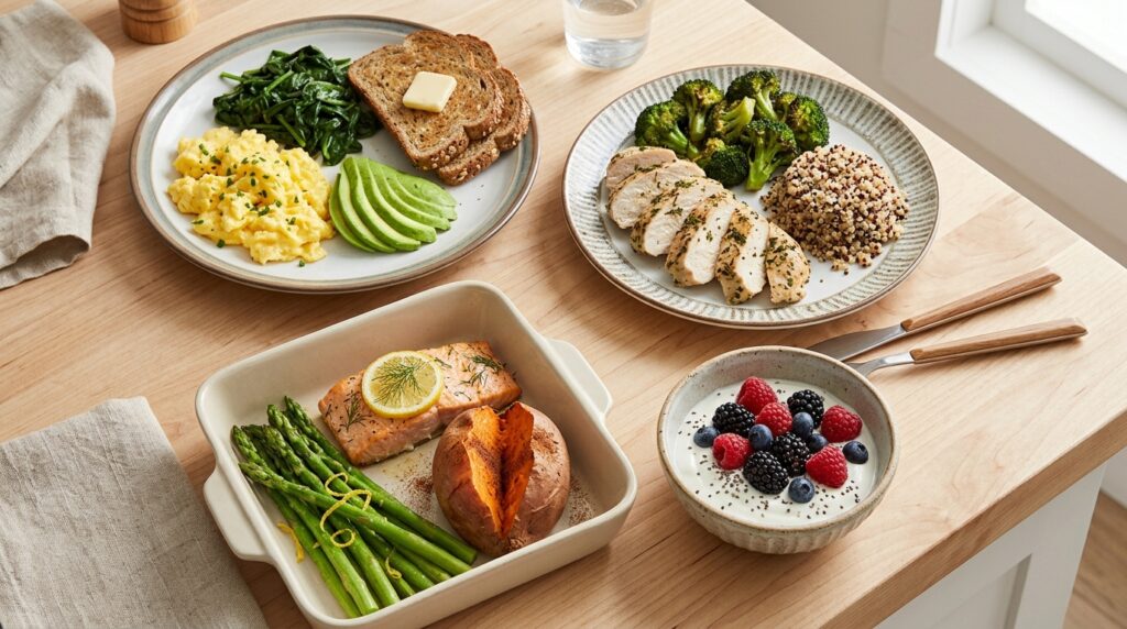 Balanced meals showing eggs and spinach breakfast, chicken quinoa lunch, salmon dinner, and yogurt snack