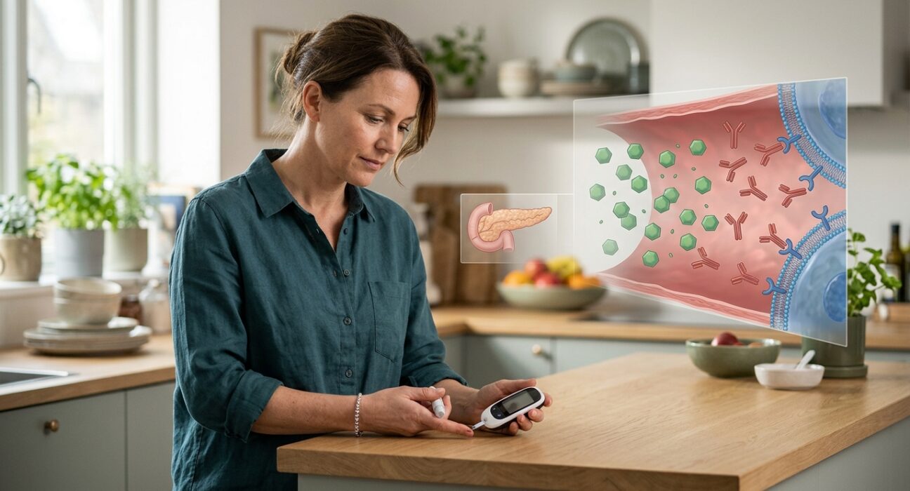 Adult checking blood glucose while visualizing insulin resistance in T2D
