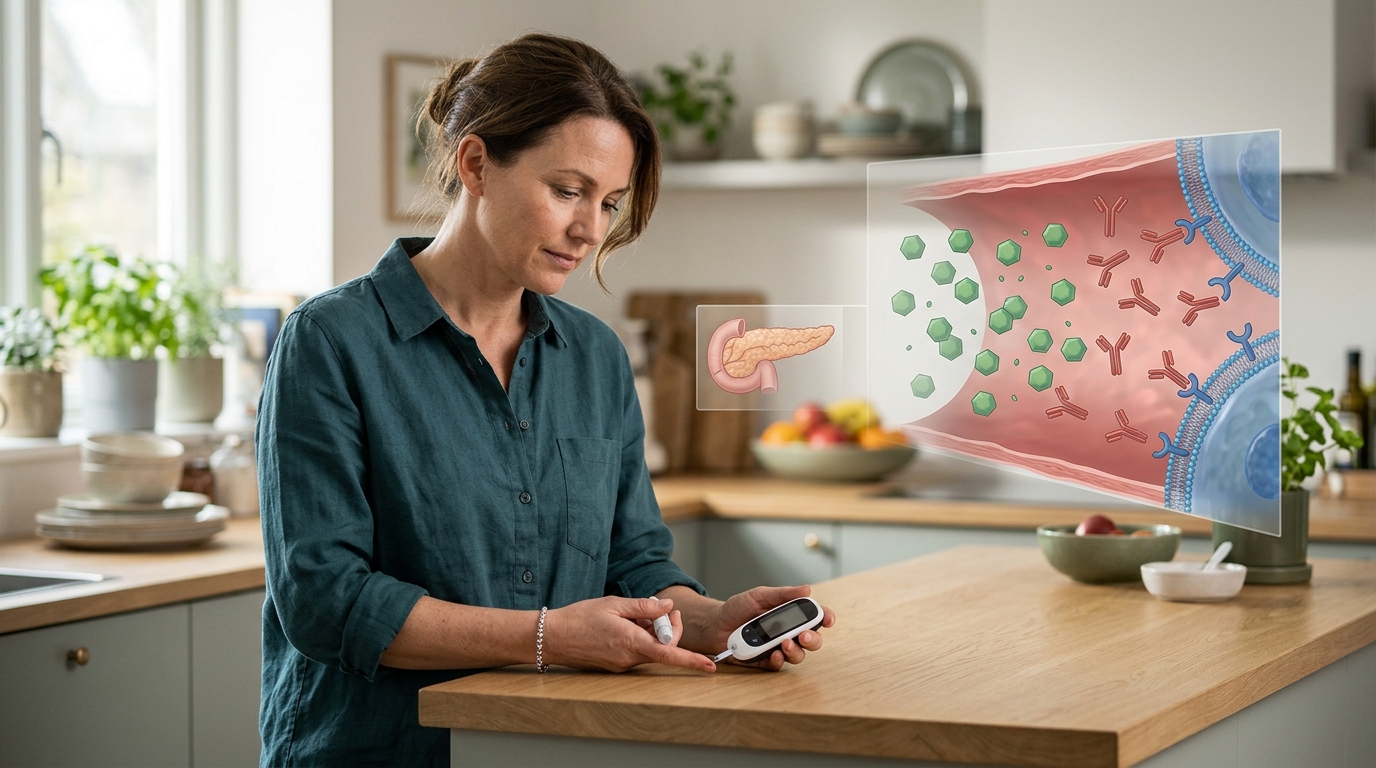 Adult checking blood glucose while visualizing insulin resistance in T2D